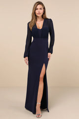 Omnia Navy Blue Long Sleeve Maxi Dress