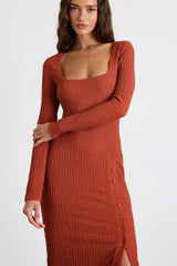 Austine Rust Textured Knit Long Sleeve Midi Dress