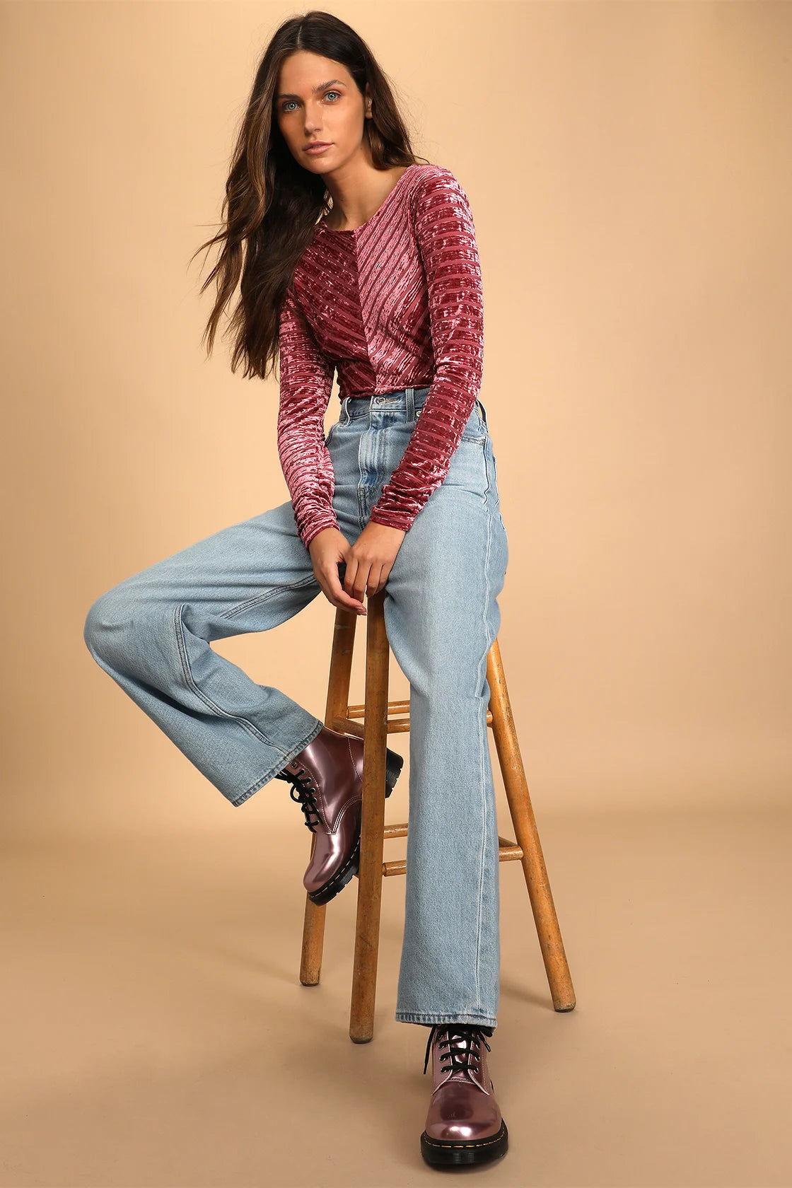 Save the Date Dusty Pink Velvet Striped Long Sleeve Bodysuit
