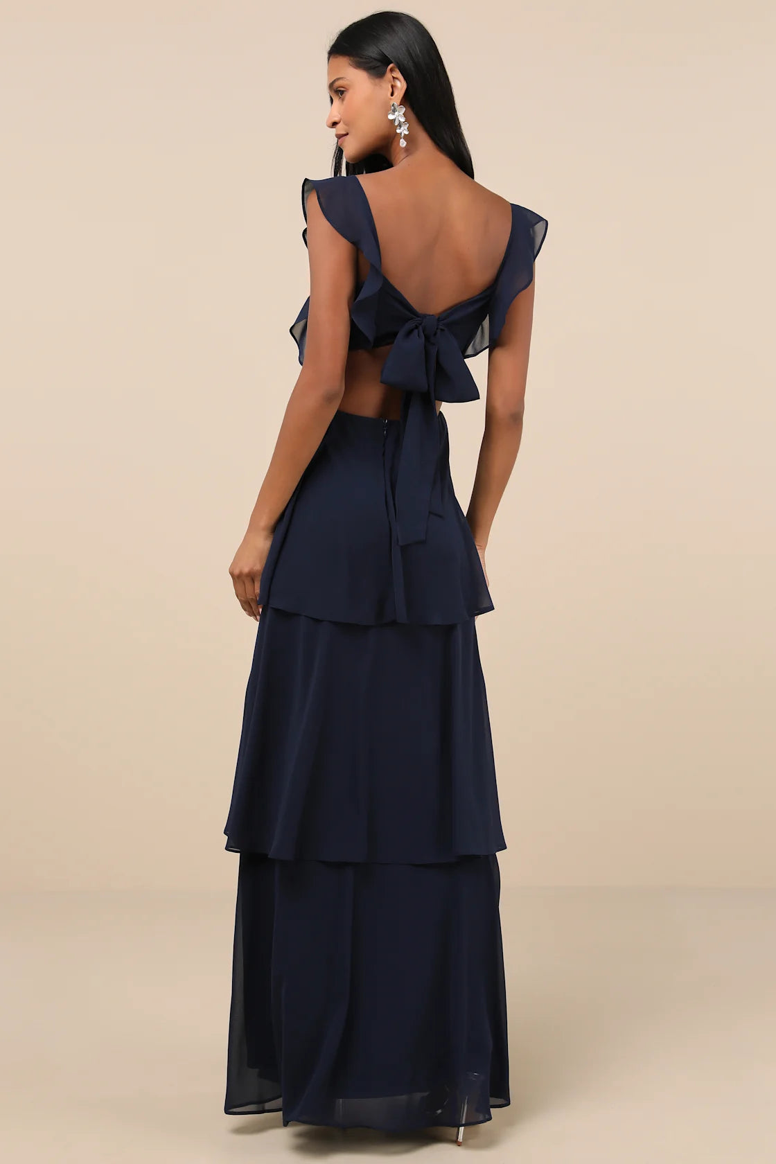 Elegant Event Navy Ruffled Tie-Back Tiered Maxi Dress