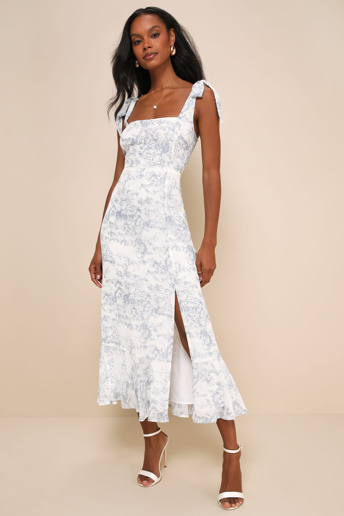 Summer Invite White and Blue Toile Tie-Strap Tiered Midi Dress