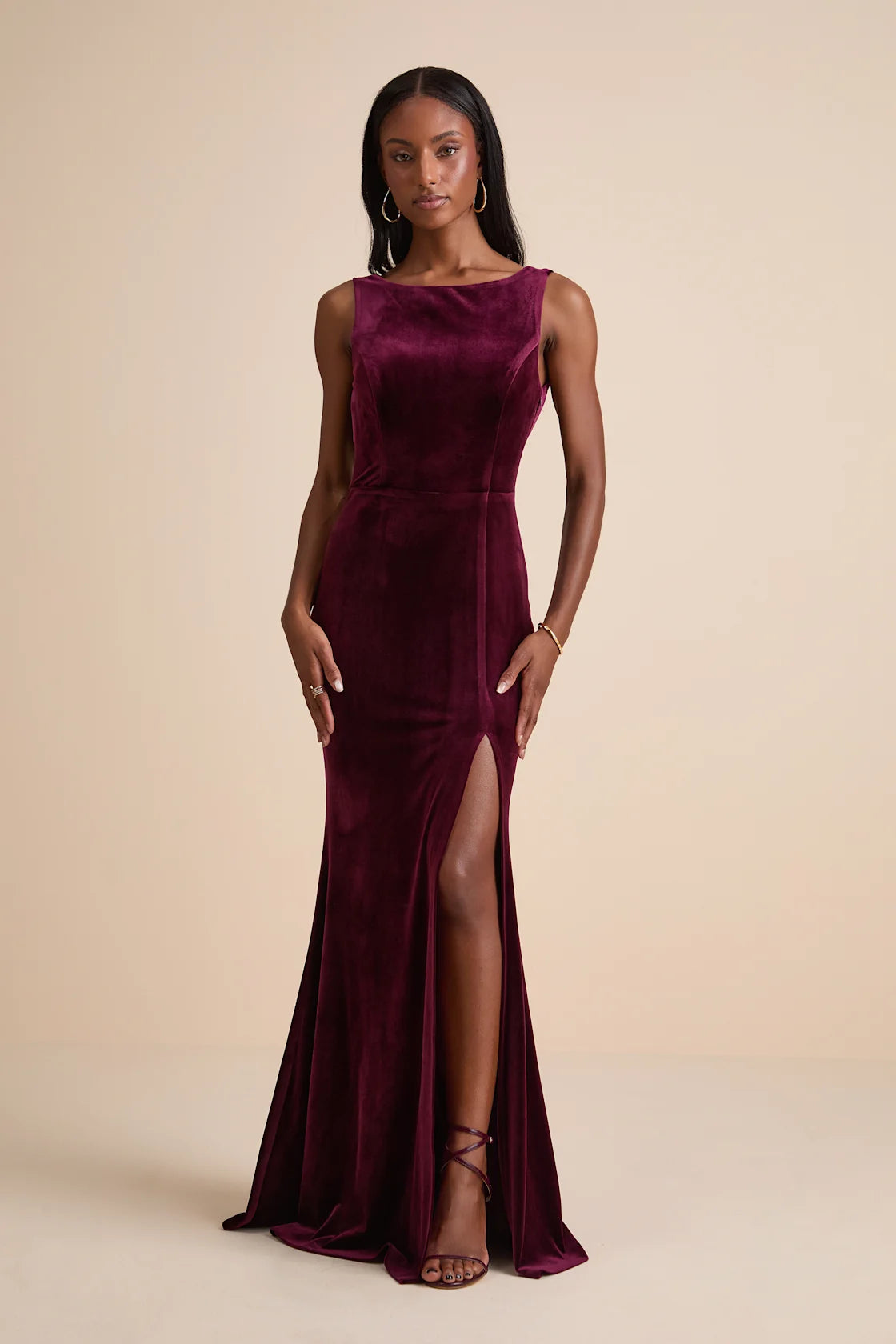 Ravishing Poise Burgundy Velvet Cowl Back Sleeveless Maxi Dress