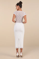 Flirtatious Presence White Sheer Lace Bustier Midi Dress
