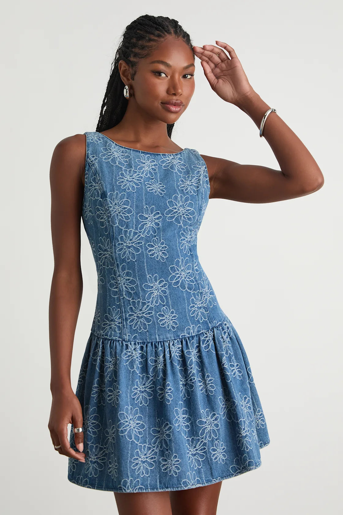 Kodi Medium Wash Floral Denim Drop Waist Mini Dress