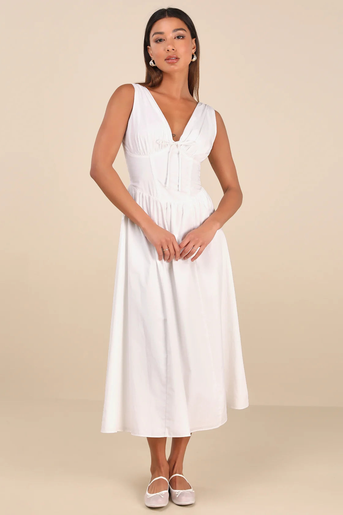 Lettie White Poplin Plunge Neck Midi Dress