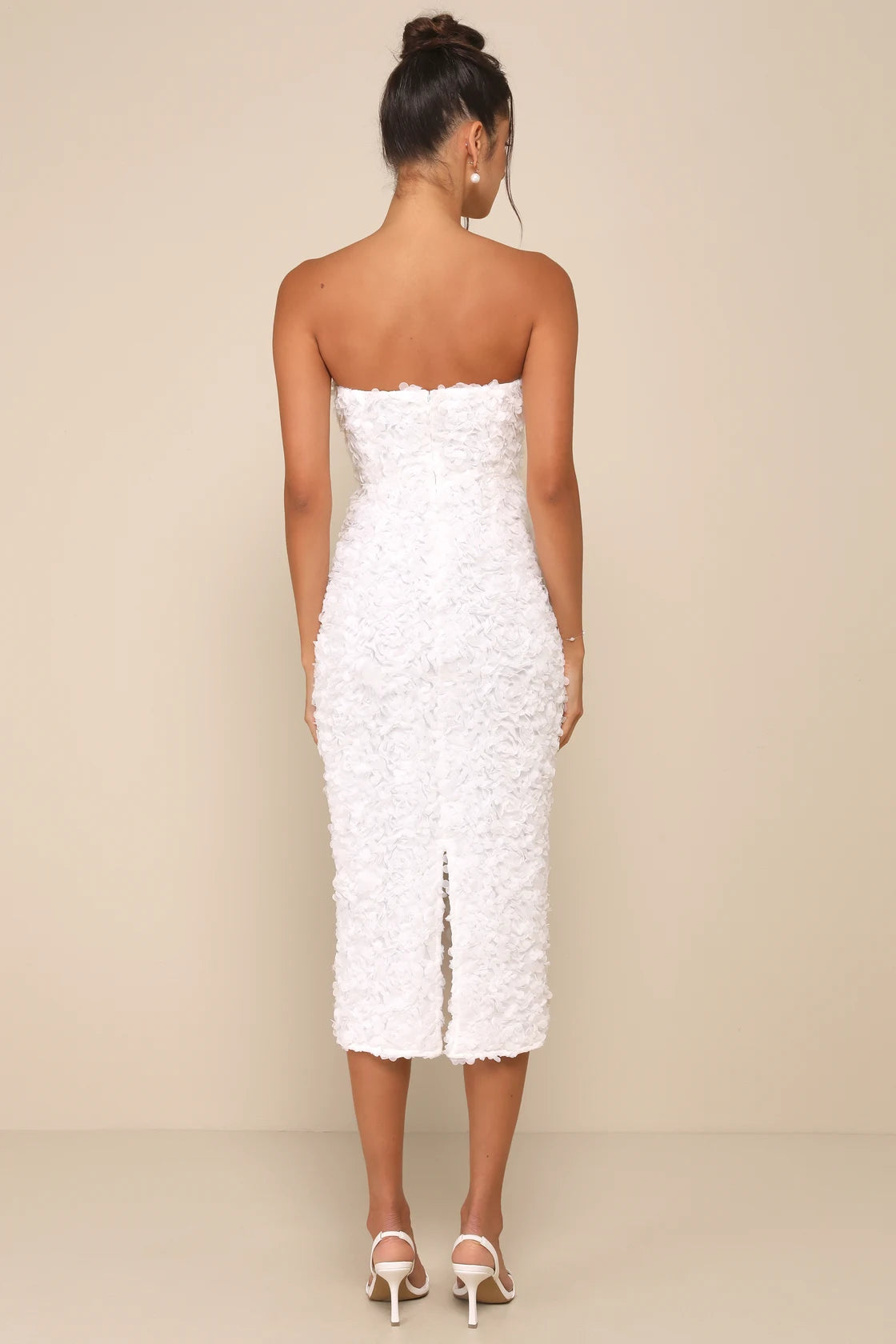 Gorgeous Mentality White 3D Floral Strapless Midi Dress