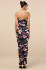 Averie Navy Floral Mesh Strapless Maxi Dress