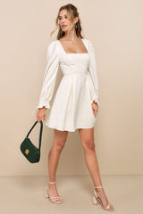 Elegant Adoration Cream Floral Jacquard Long Sleeve Mini Dress