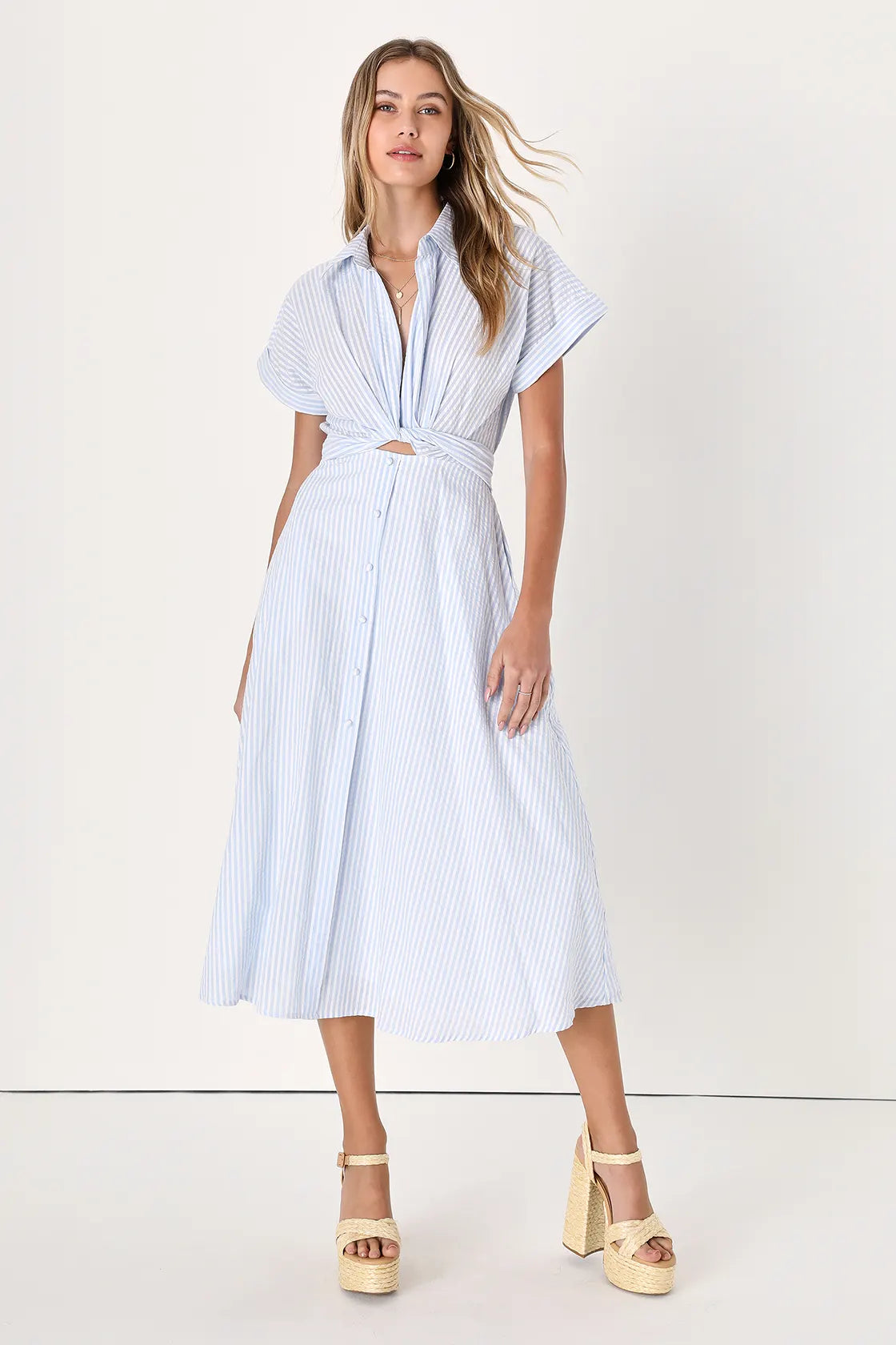 Adorable Impression Beige and White Midi Dress With Pockets