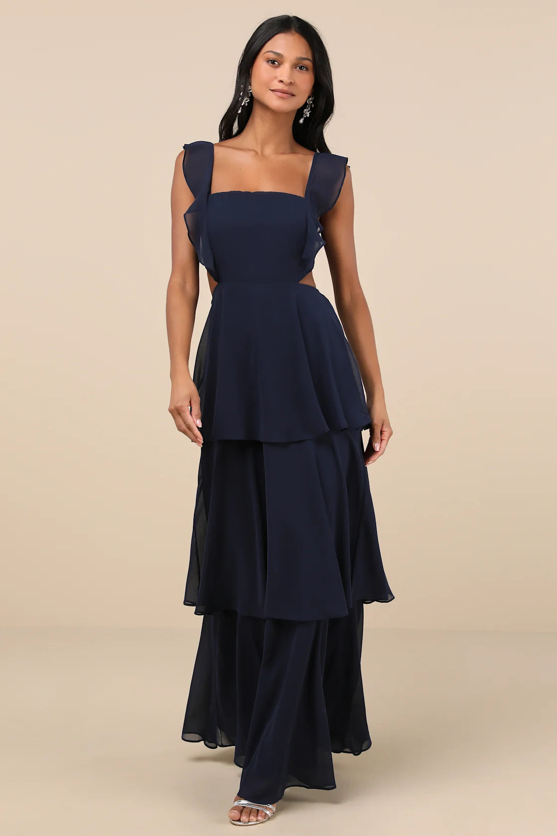 Elegant Event Navy Ruffled Tie-Back Tiered Maxi Dress