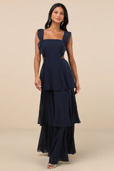 Elegant Event Navy Ruffled Tie-Back Tiered Maxi Dress