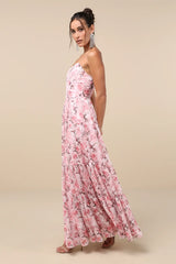 Special Moment Light Blue Floral Strapless Bustier Maxi Dress