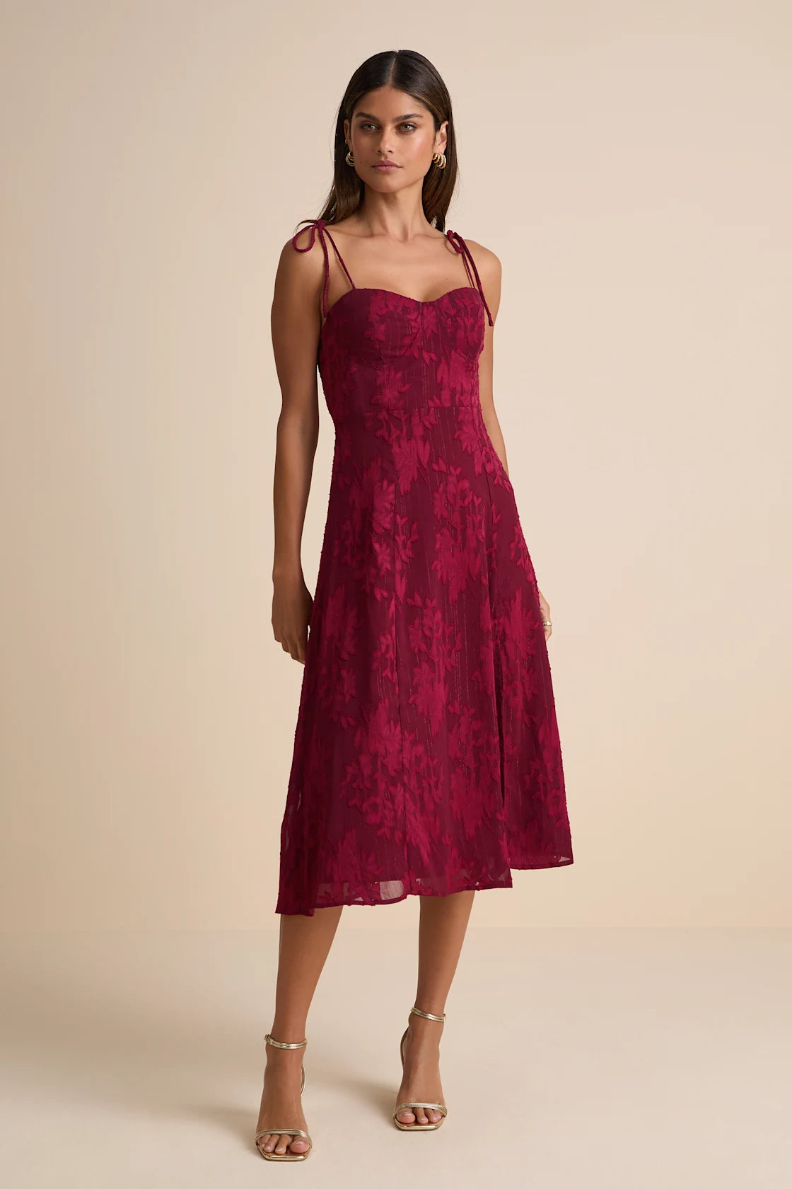 Loveliest Looks Navy Blue Floral Jacquard Tie-Strap Midi Dress