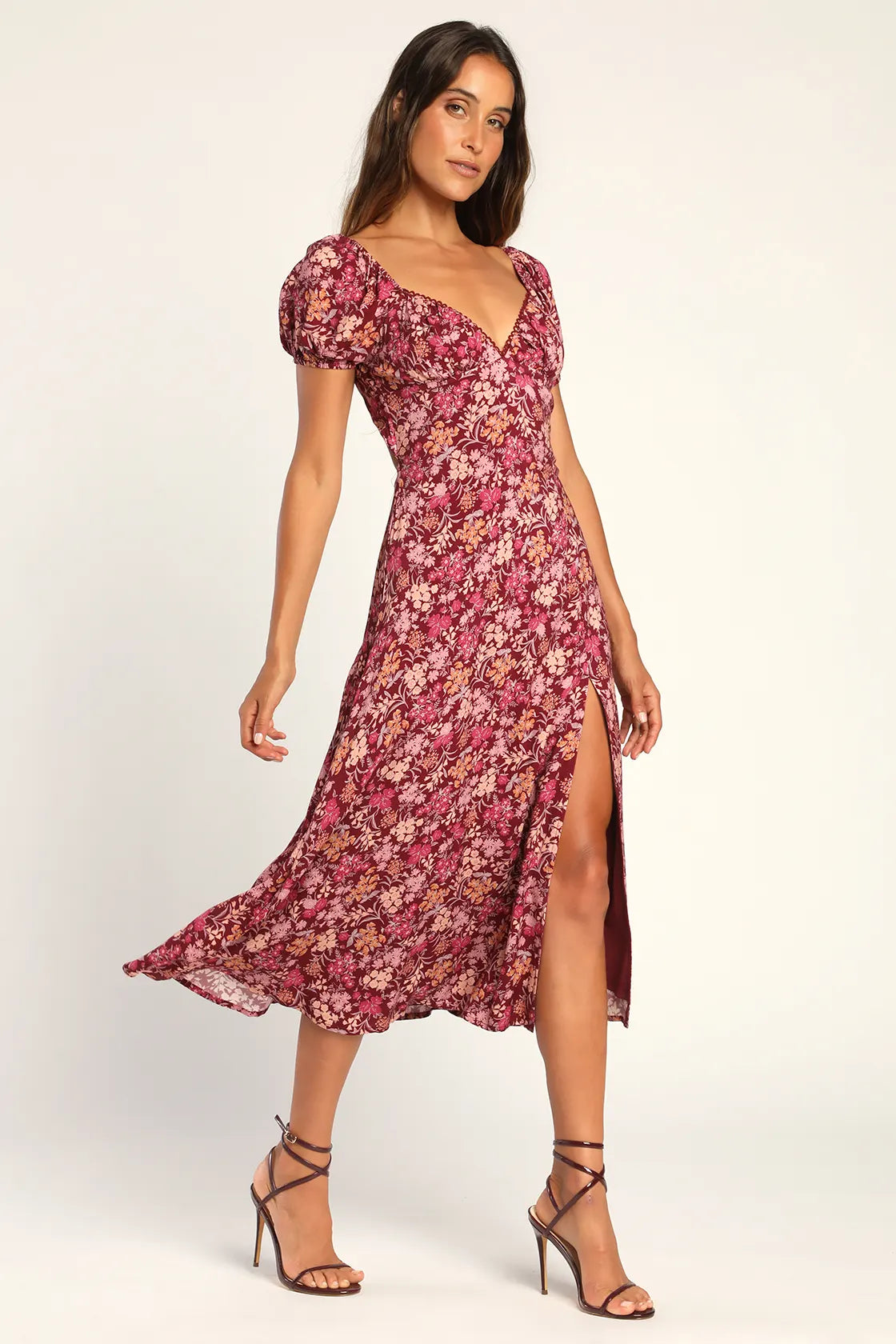 Meadow Muse Green Floral Tie-Back Puff Sleeve Midi Dress
