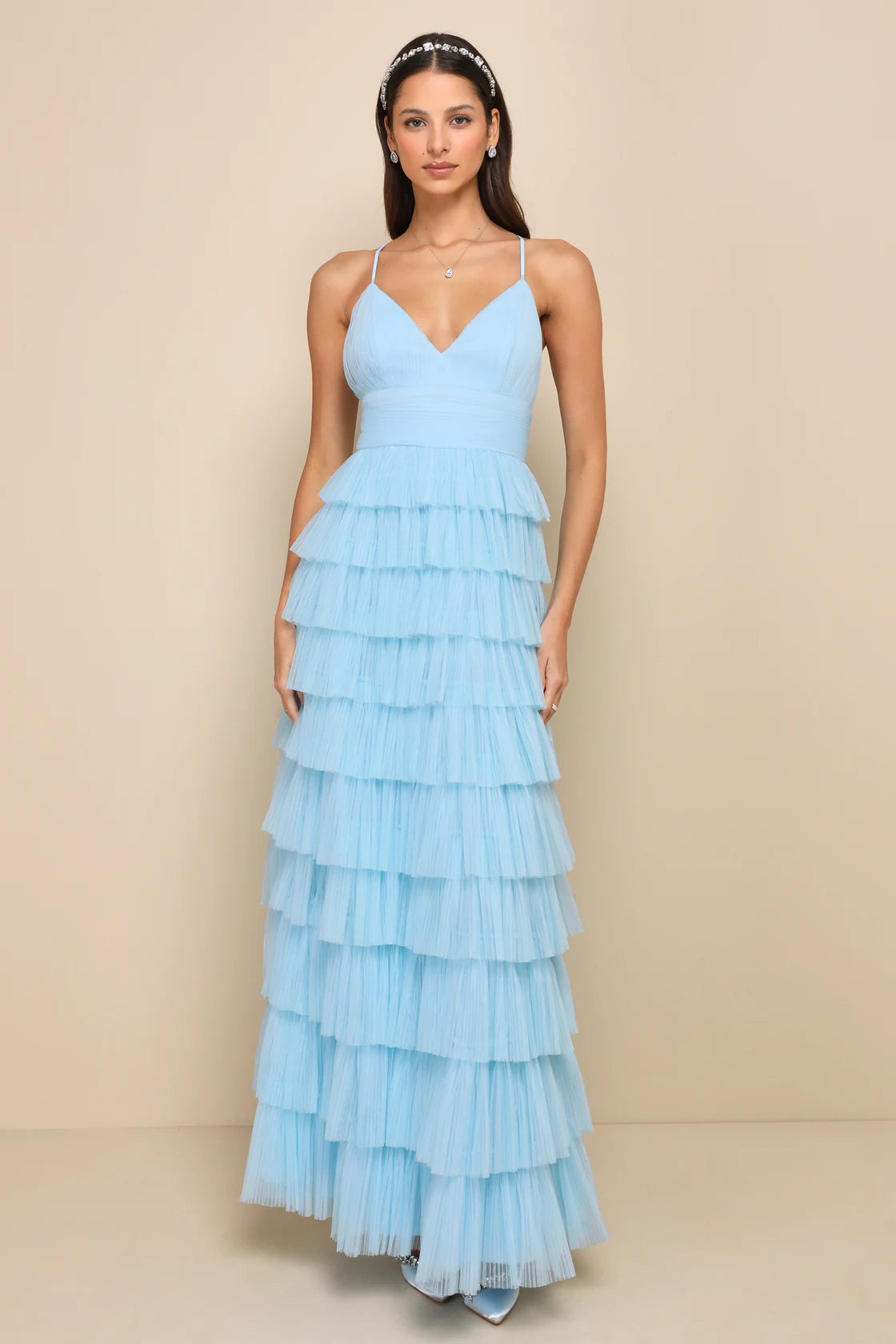 Radiant Event Lavender Mesh Tiered Ruffled Backless Maxi Dress