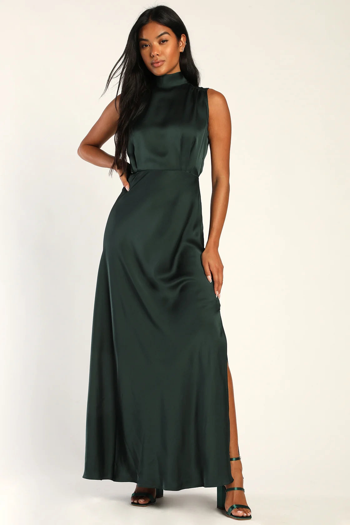 Classic Elegance Blush Satin Sleeveless Mock Neck Maxi Dress