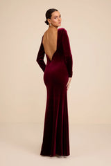 Rabeya Burgundy Velvet Backless Mermaid Maxi Dress