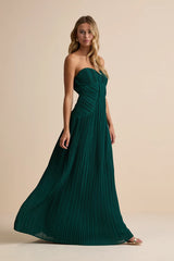 Narasha Emerald Green Pleated Strapless Maxi Dress