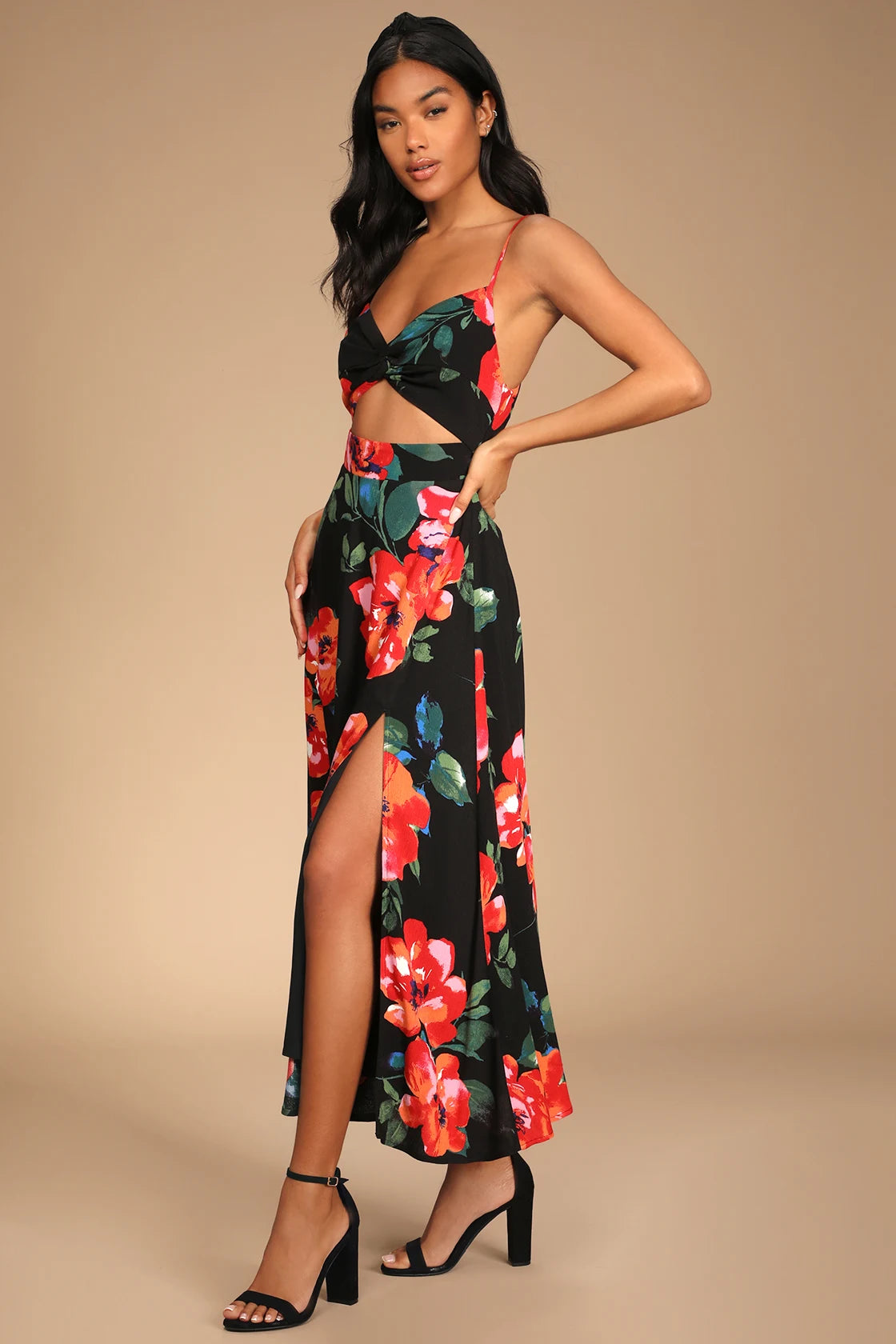 Tropical Blooms Light Blue Floral Print Tie-Back Cutout Dress