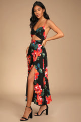 Tropical Blooms Light Blue Floral Print Tie-Back Cutout Dress