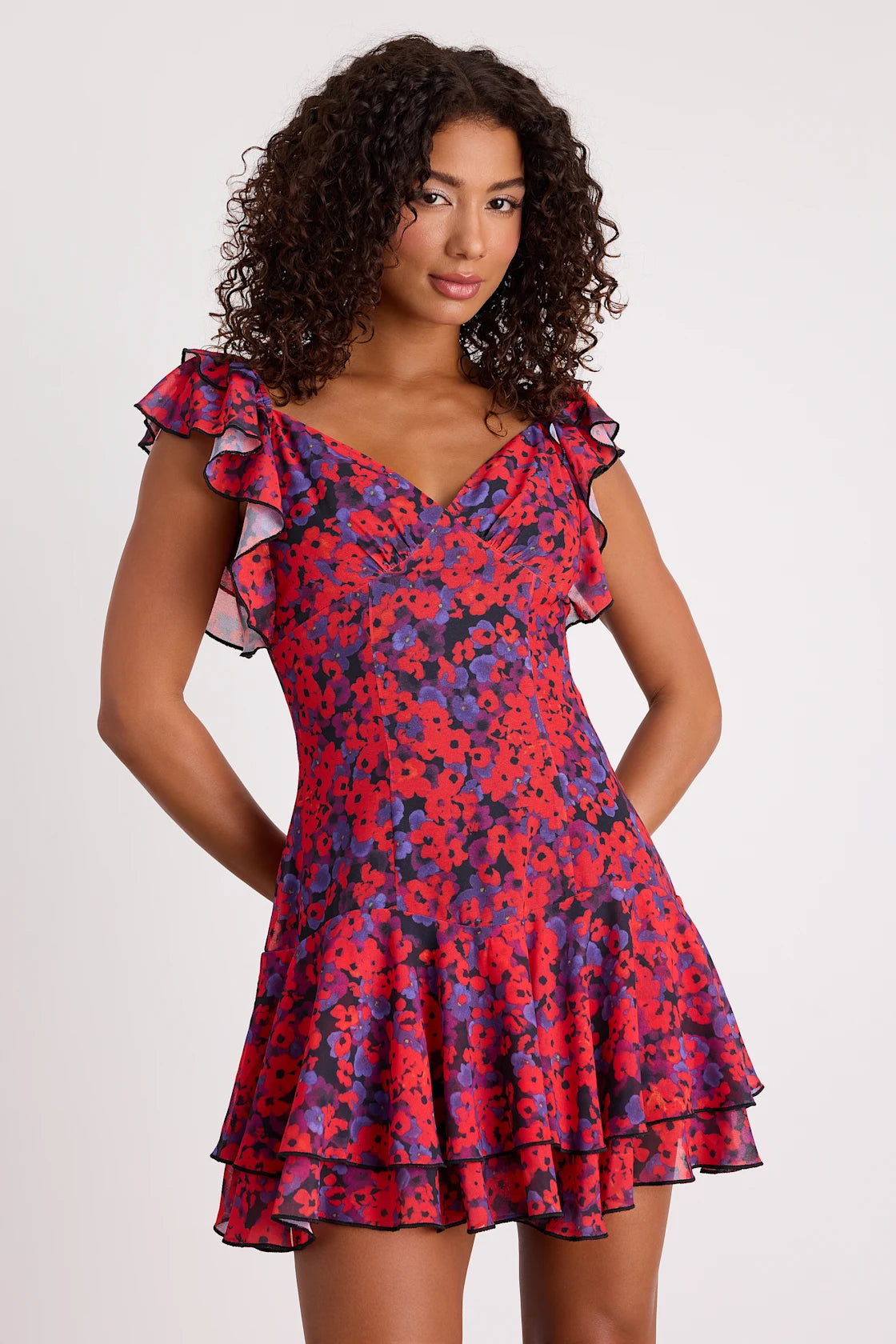 Maulana Red and Black Floral Flutter Sleeve Mini Dress
