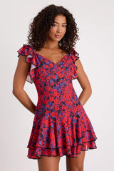 Maulana Red and Black Floral Flutter Sleeve Mini Dress