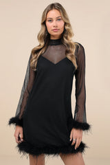 Immaculate Charisma White Mesh Feather Long Sleeve Mini Dress