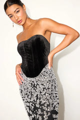 Renessa Black and Silver Velvet Sequin Strapless Midi Dress