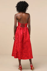 Picturesque Icon Red Jacquard Lace-Up Strapless Midi Dress