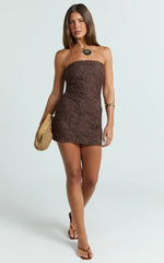 Tamika Mini Dress - Crochet Strapless Bodycon Dress in Chocolate