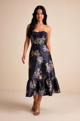 Yashelle Navy Floral Taffeta Strapless Tiered Corset Midi Dress