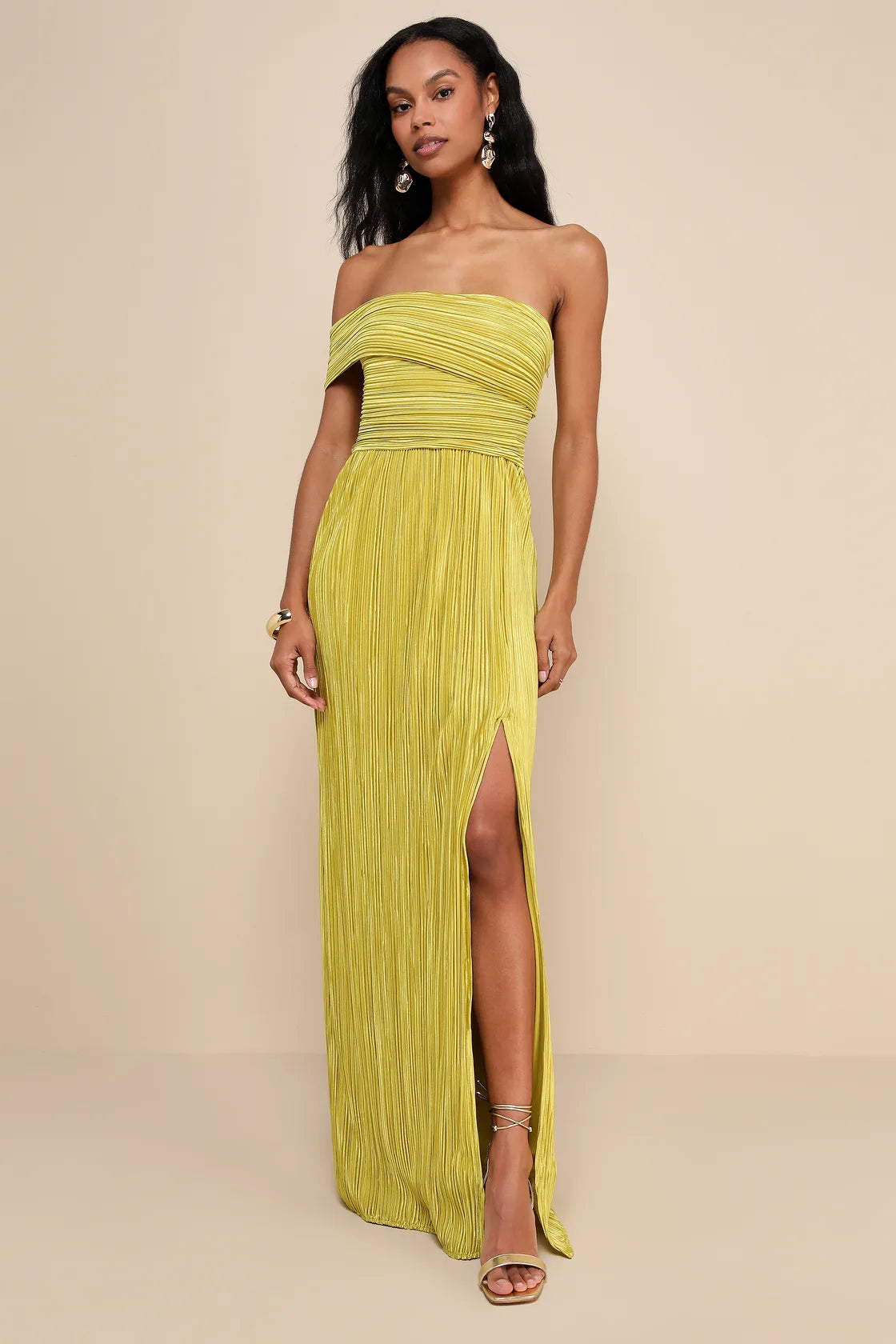Poised Performance Chartreuse Plisse One-Shoulder Maxi Dress