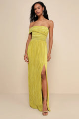 Poised Performance Chartreuse Plisse One-Shoulder Maxi Dress
