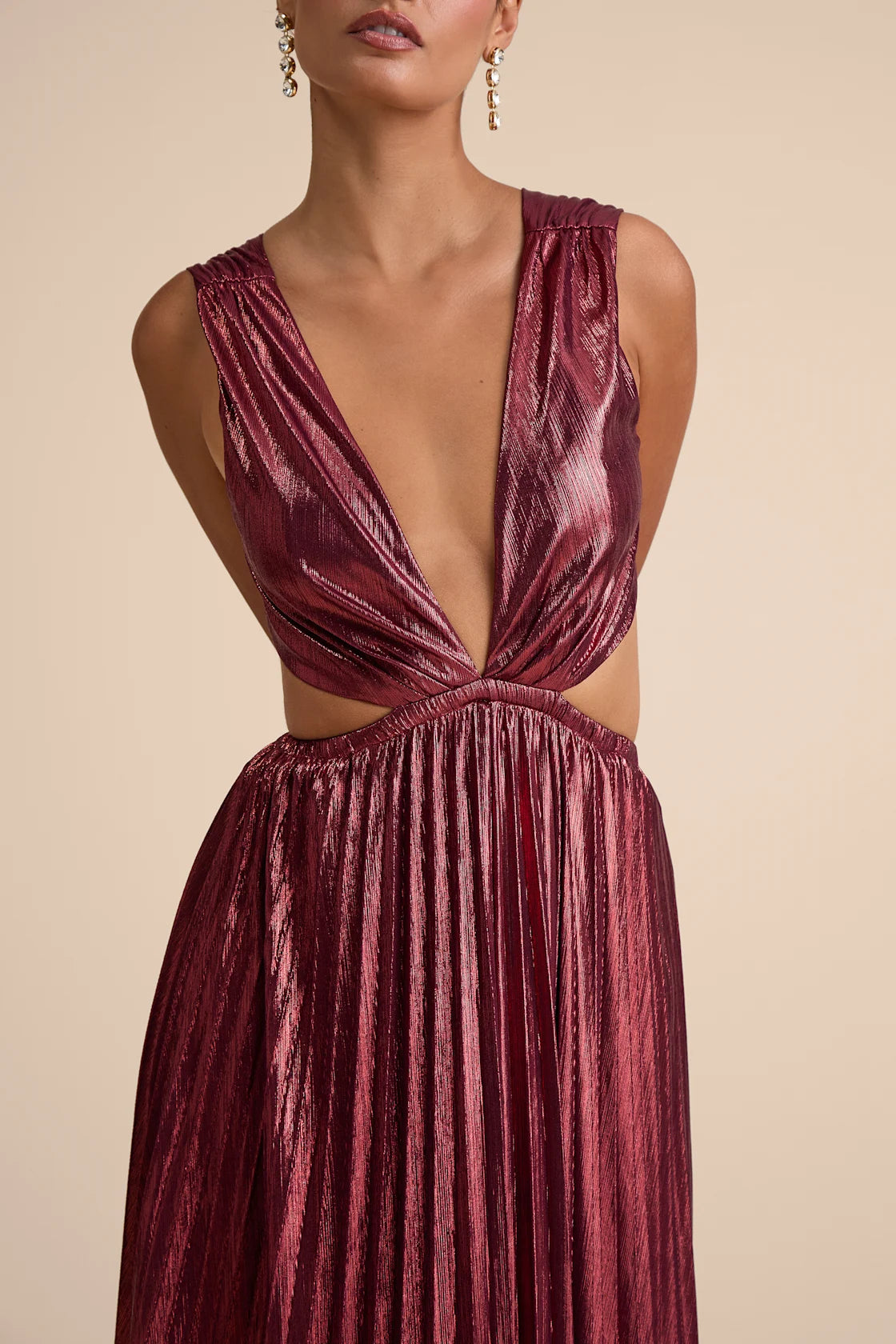 Shining Luxury Bronze Metallic Lurex Cutout Maxi Dress