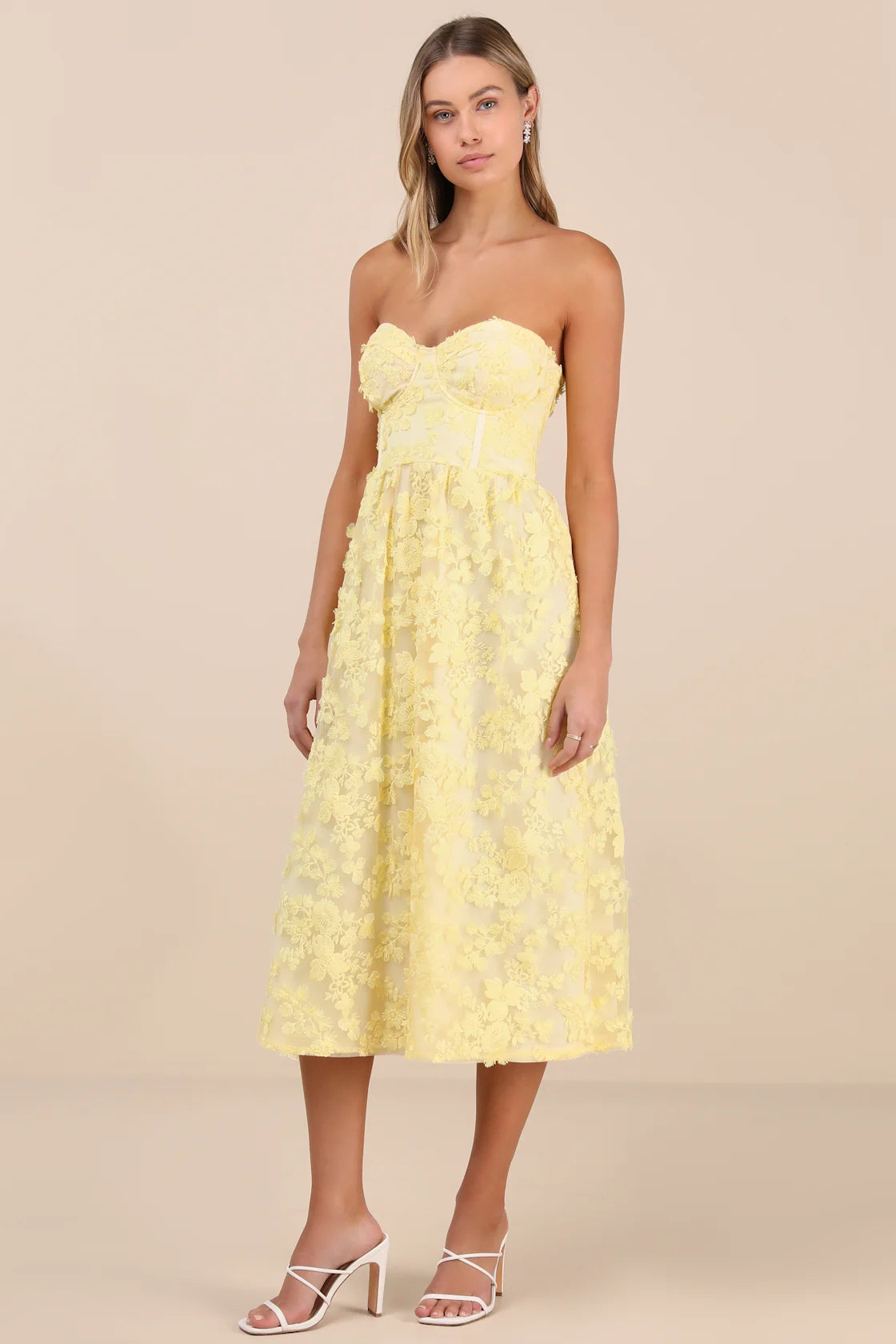 Quite Perfect White Floral Embroidered Strapless Midi Dress