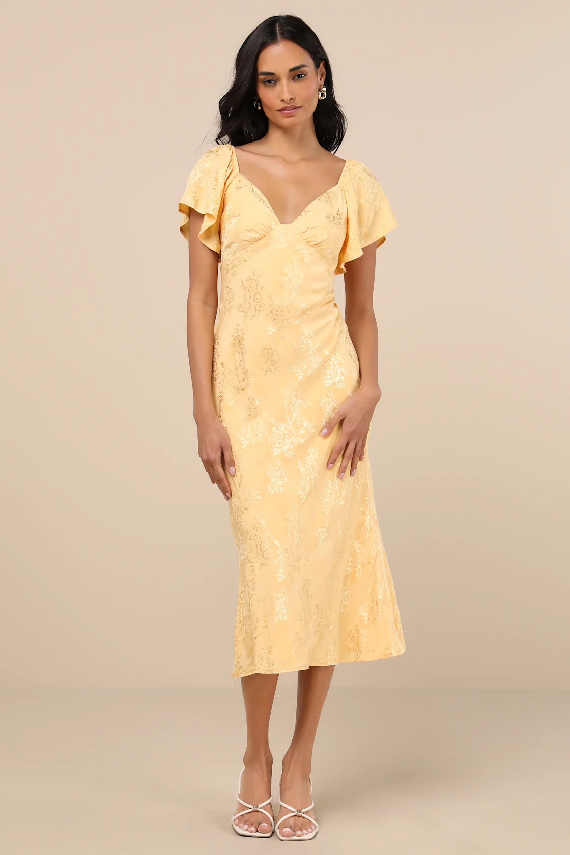 Effervescent Afternoon Green Satin Flutter Sleeve Midi Dress