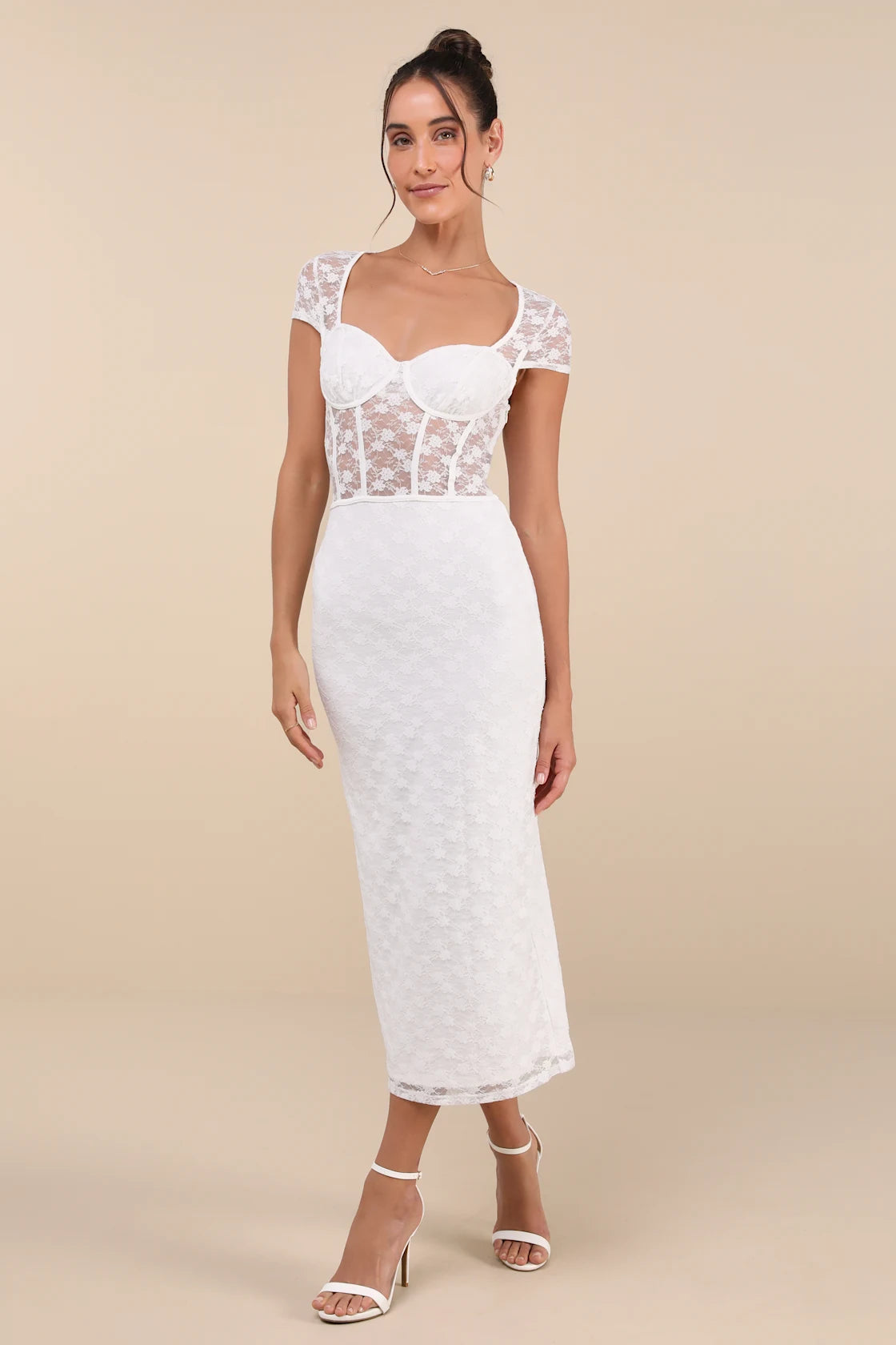 Flirtatious Presence White Sheer Lace Bustier Midi Dress