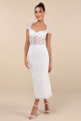 Flirtatious Presence White Sheer Lace Bustier Midi Dress