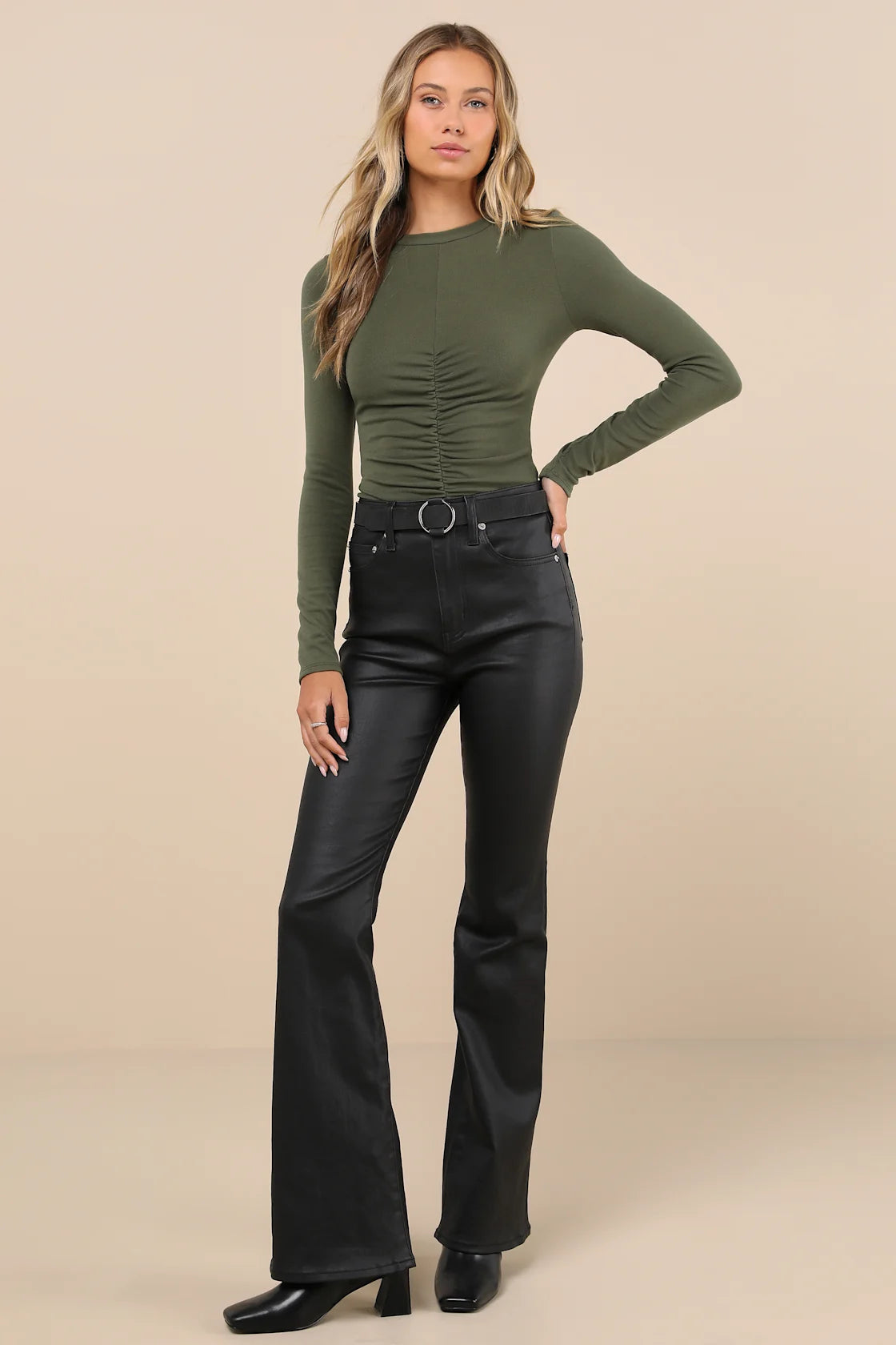 Casual Energy Light Brown Ruched Long Sleeve Crew Neck Top