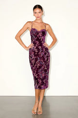 Moody Allure Plum Floral Velvet Burnout Lace-Up Midi Dress