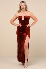 Elegant Success Rust Velvet Rhinestone Strapless Maxi Dress