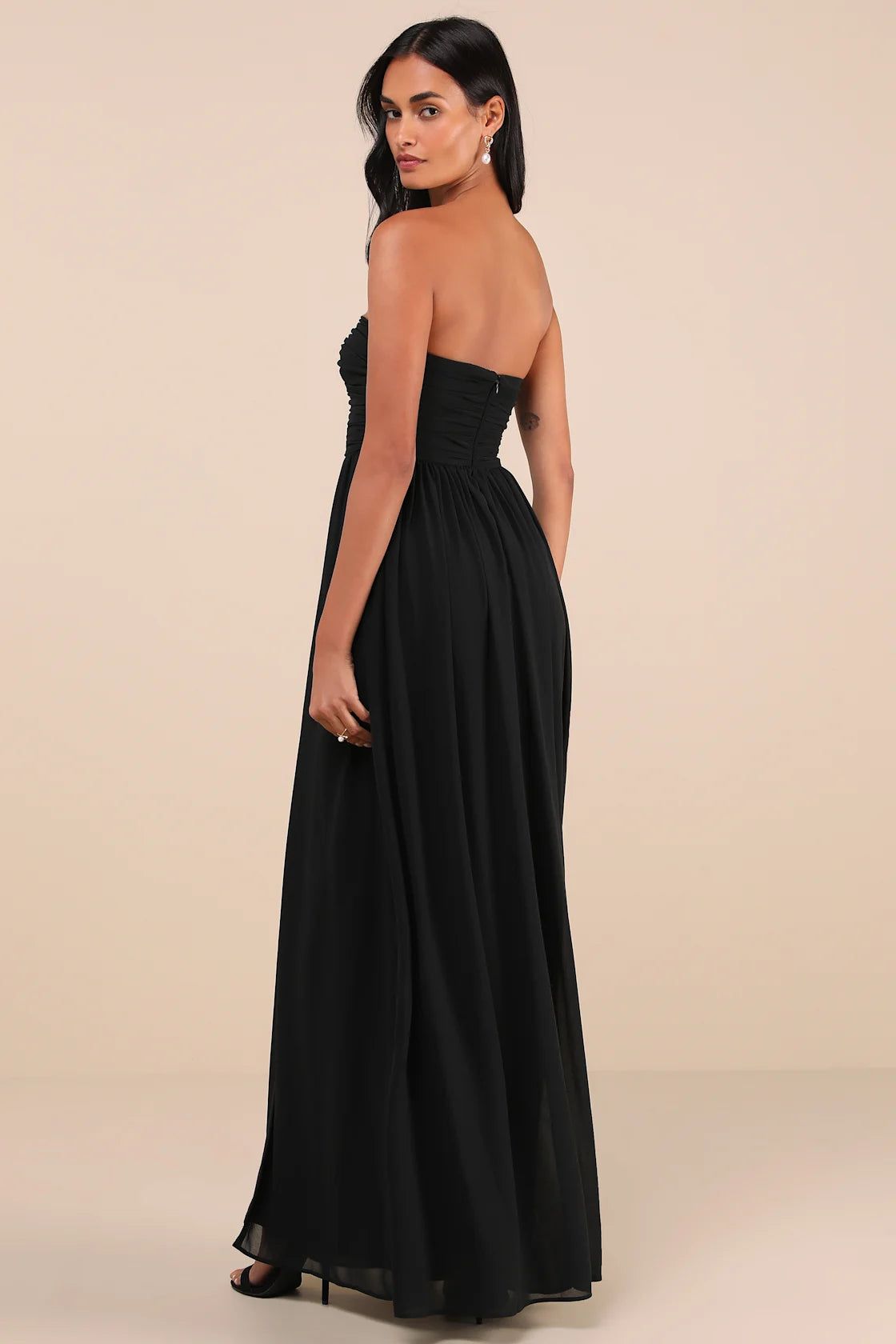 Luxe Favorite Peach Pink Strapless Ruched Maxi Dress