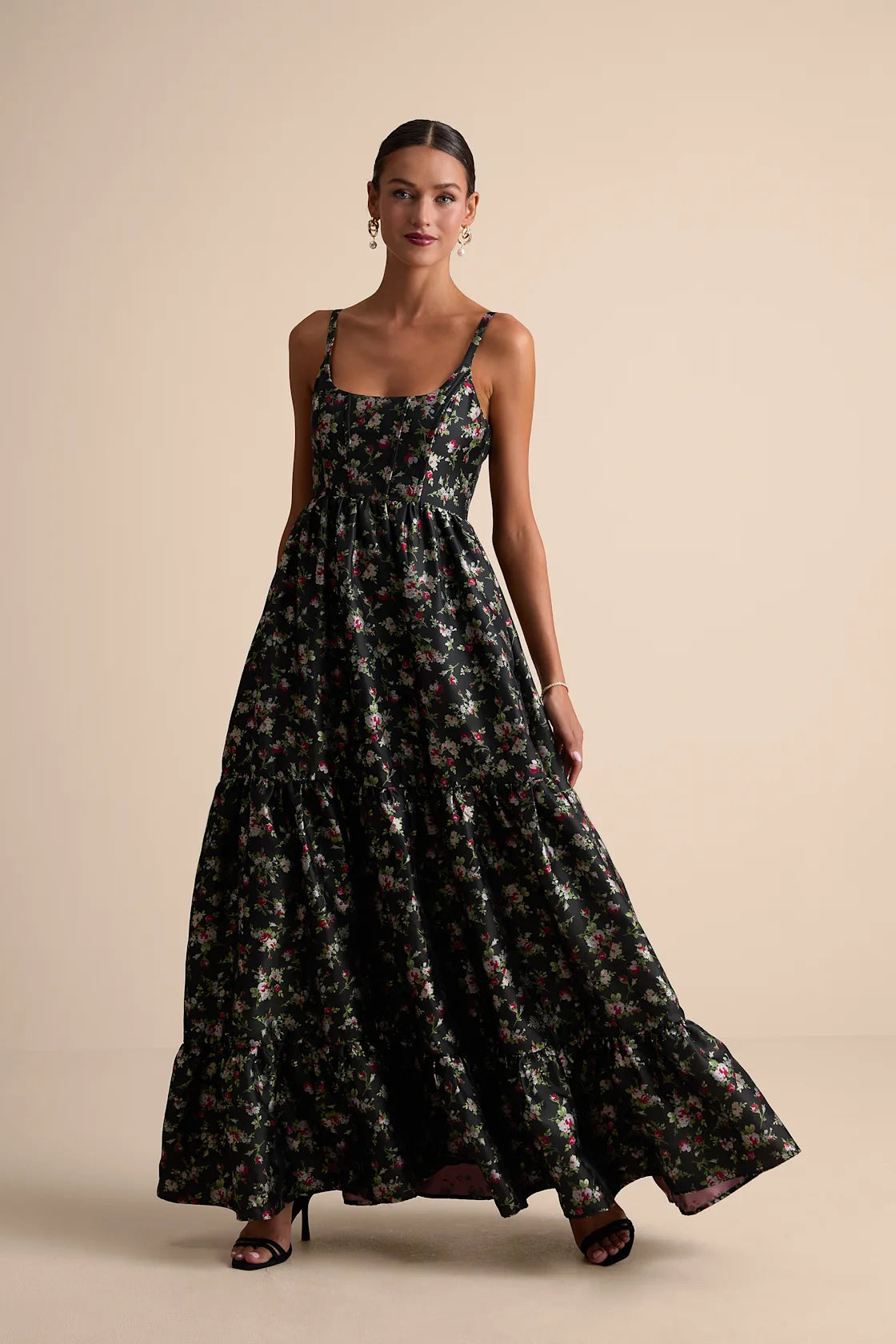 Avalie Black Floral Tiered Bustier Maxi Dress