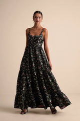 Avalie Black Floral Tiered Bustier Maxi Dress