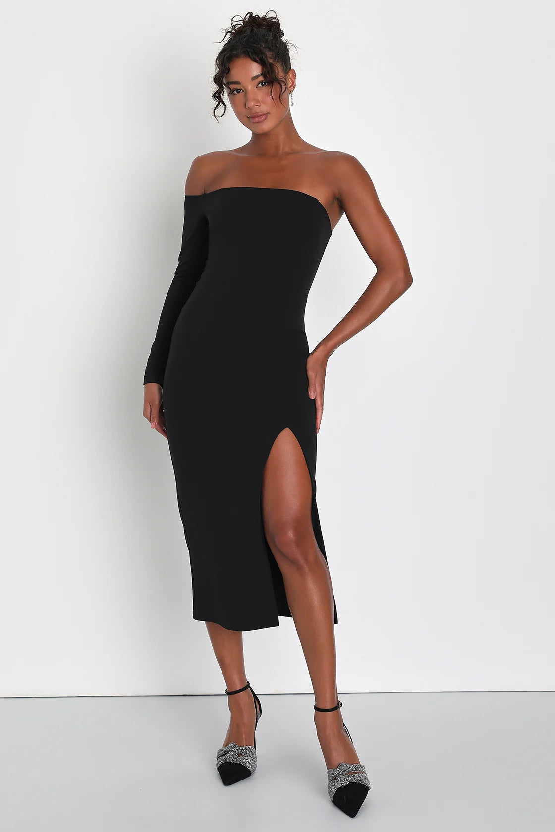 Modern Stunner Black One-Shoulder Bodycon Midi Dress