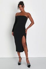 Modern Stunner Black One-Shoulder Bodycon Midi Dress