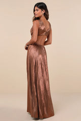 Shining Luxury Bronze Metallic Lurex Cutout Maxi Dress
