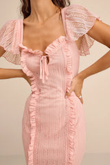 Aviara Light Pink Lace Ruffled Flutter Sleeve Midi Dress