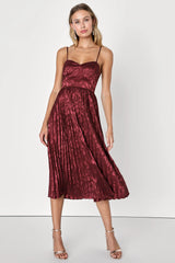 Chic Sensibility Cobalt Blue Satin Jacquard Pleated Midi Dress