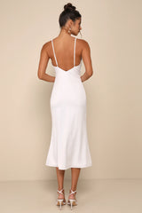 Extravagantly Sleek White Satin Sleeveless Bow Midi Dress